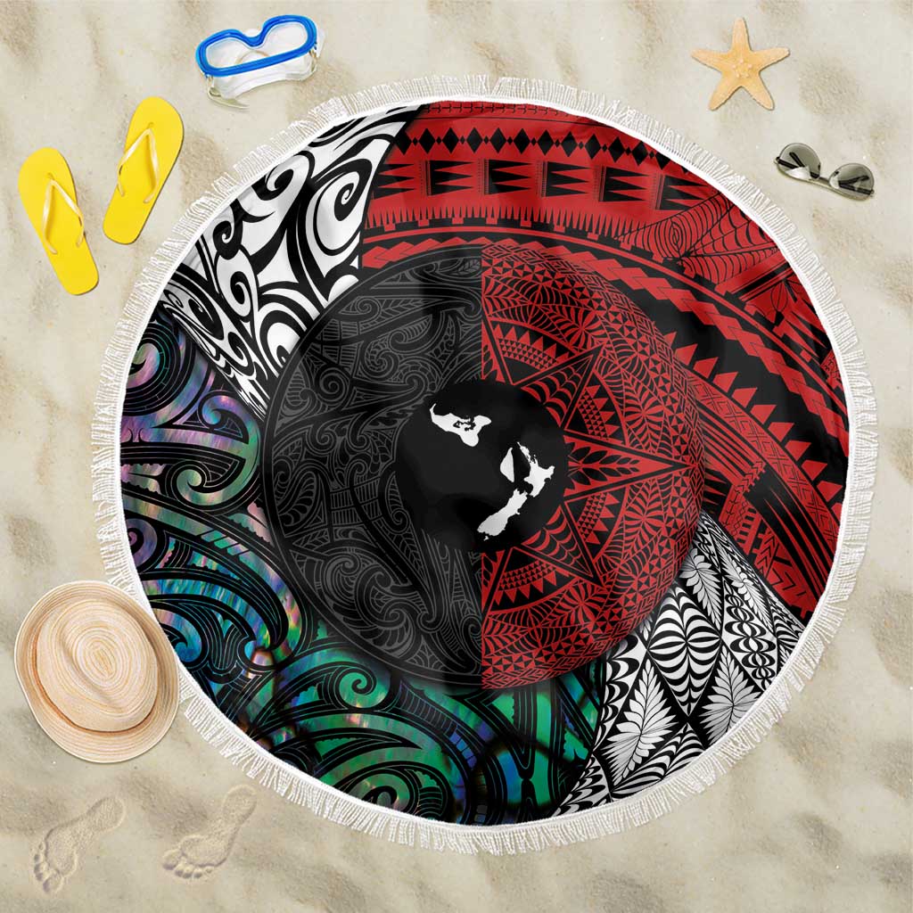 Tonga and New Zealand Together Beach Blanket Tongan Kupesi Ngatu Tattoo and Maori Paua Shell Pattern