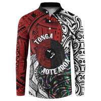 Tonga and New Zealand Together Button Sweatshirt Tongan Kupesi Ngatu Tattoo and Maori Paua Shell Pattern LT03 Black - Polynesian Pride