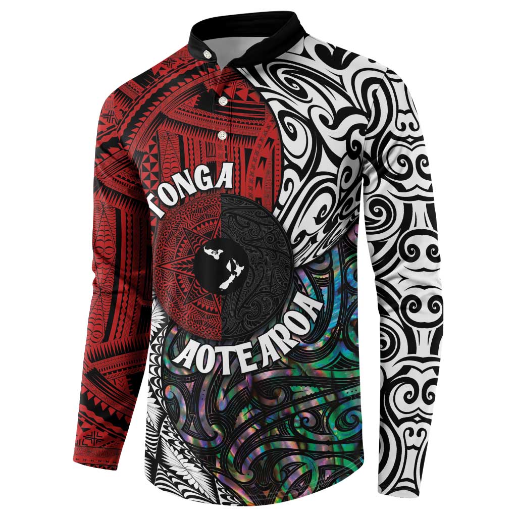 Tonga and New Zealand Together Button Sweatshirt Tongan Kupesi Ngatu Tattoo and Maori Paua Shell Pattern LT03 - Polynesian Pride