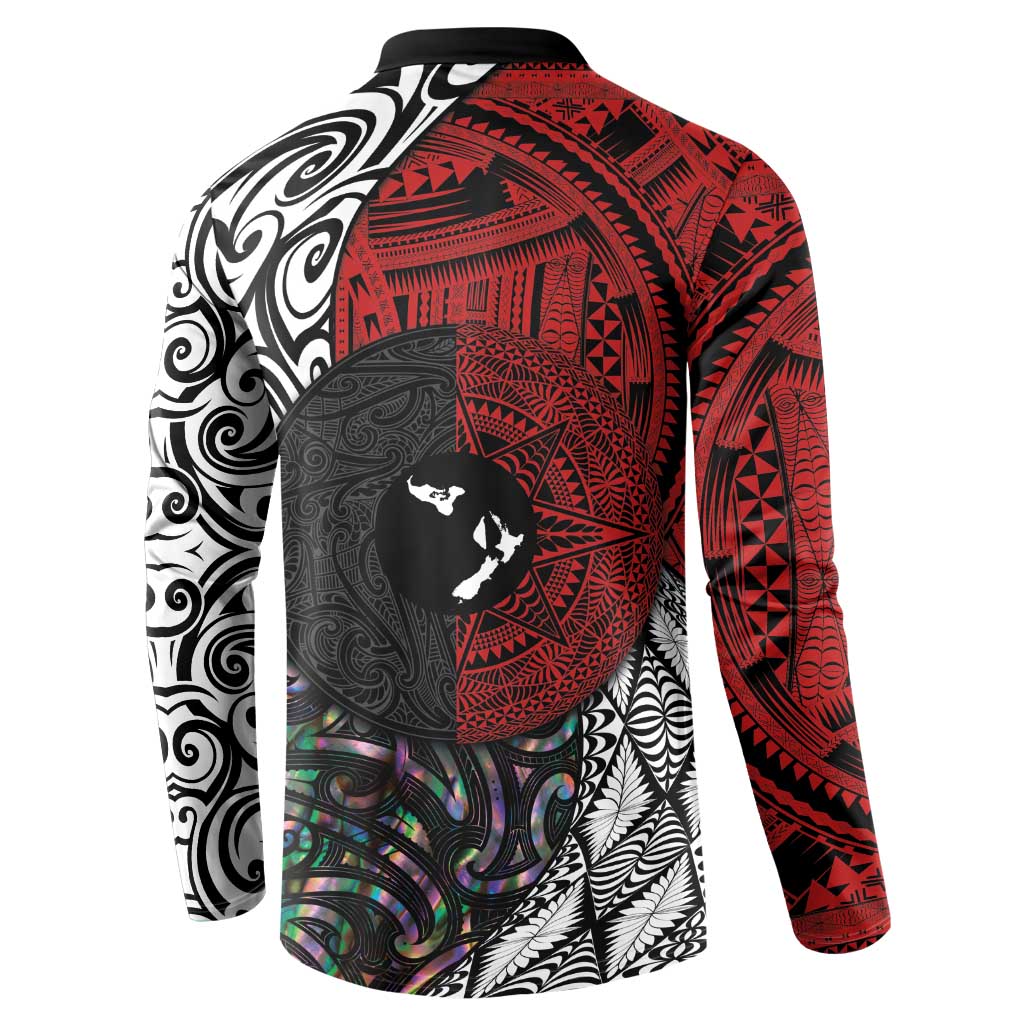 Tonga and New Zealand Together Button Sweatshirt Tongan Kupesi Ngatu Tattoo and Maori Paua Shell Pattern LT03 - Polynesian Pride