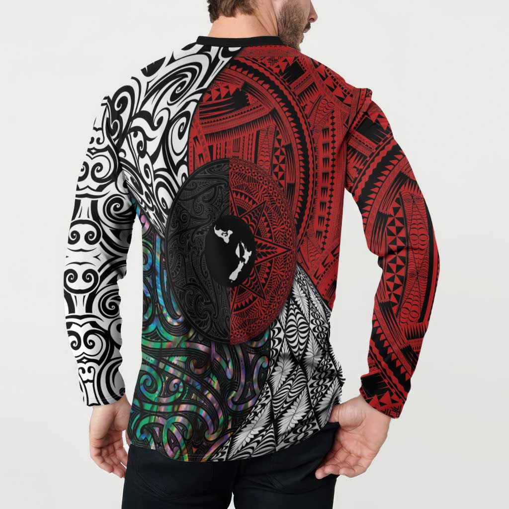 Tonga and New Zealand Together Button Sweatshirt Tongan Kupesi Ngatu Tattoo and Maori Paua Shell Pattern LT03 - Polynesian Pride