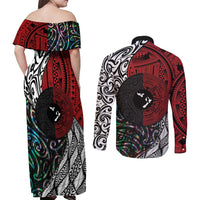 Tonga and New Zealand Together Couples Matching Off Shoulder Maxi Dress and Long Sleeve Button Shirt Tongan Kupesi Ngatu Tattoo and Maori Paua Shell Pattern