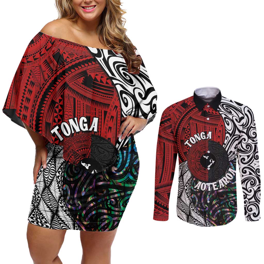 Tonga and New Zealand Together Couples Matching Off Shoulder Short Dress and Long Sleeve Button Shirt Tongan Kupesi Ngatu Tattoo and Maori Paua Shell Pattern