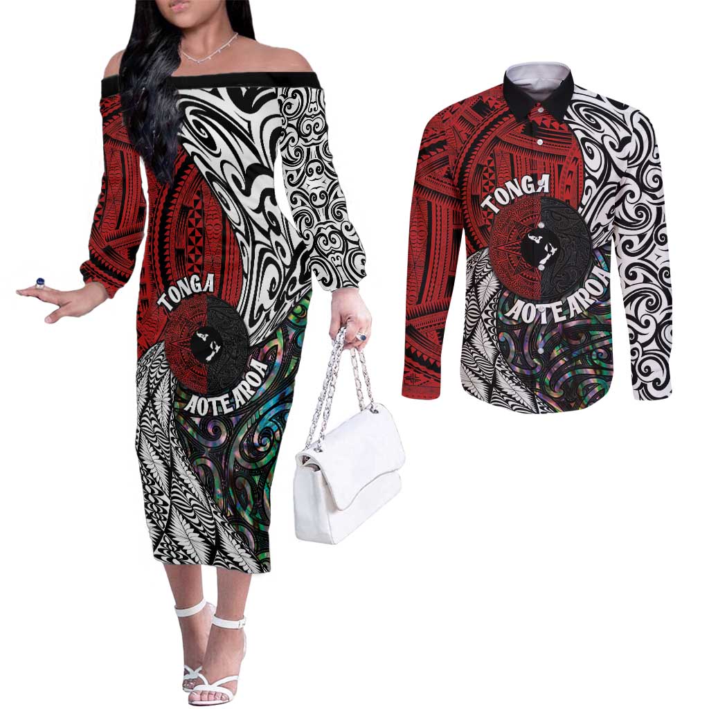 Tonga and New Zealand Together Couples Matching Off The Shoulder Long Sleeve Dress and Long Sleeve Button Shirt Tongan Kupesi Ngatu Tattoo and Maori Paua Shell Pattern