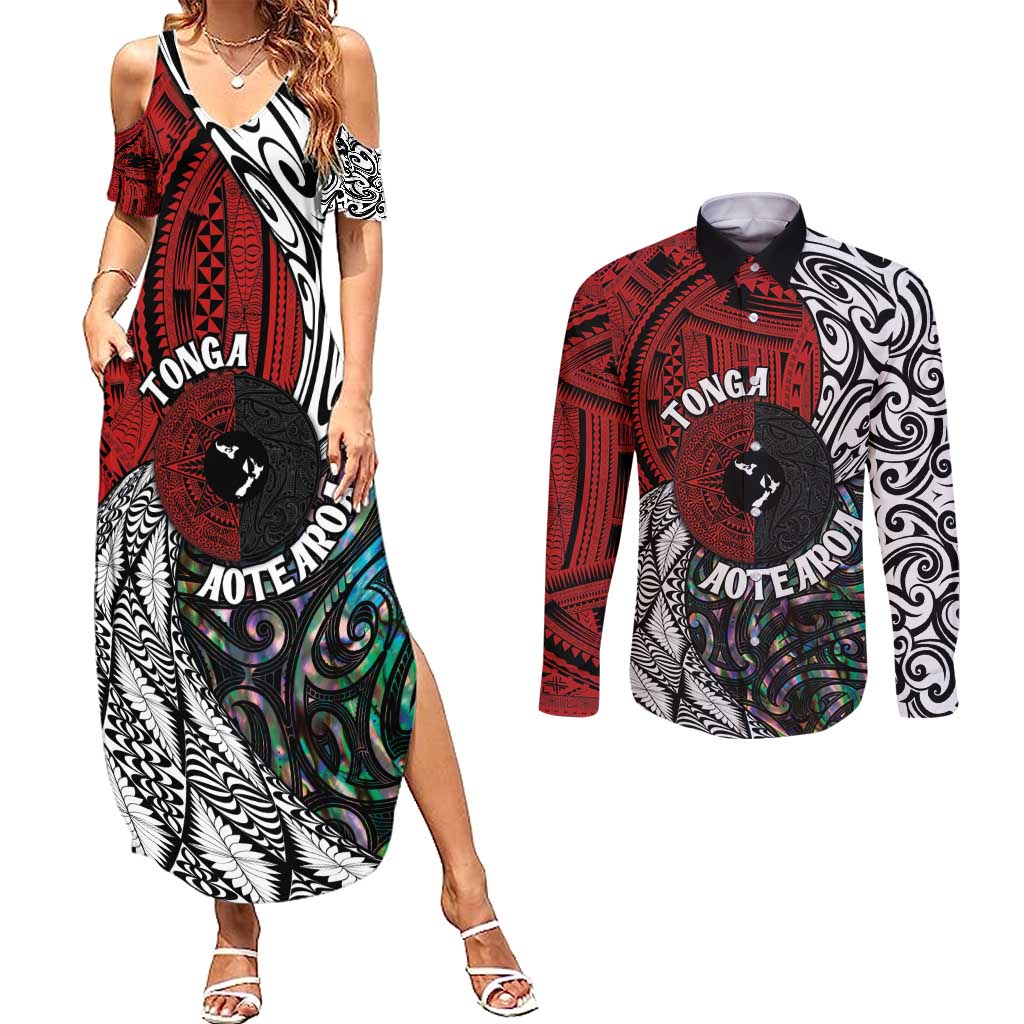 Tonga and New Zealand Together Couples Matching Summer Maxi Dress and Long Sleeve Button Shirt Tongan Kupesi Ngatu Tattoo and Maori Paua Shell Pattern