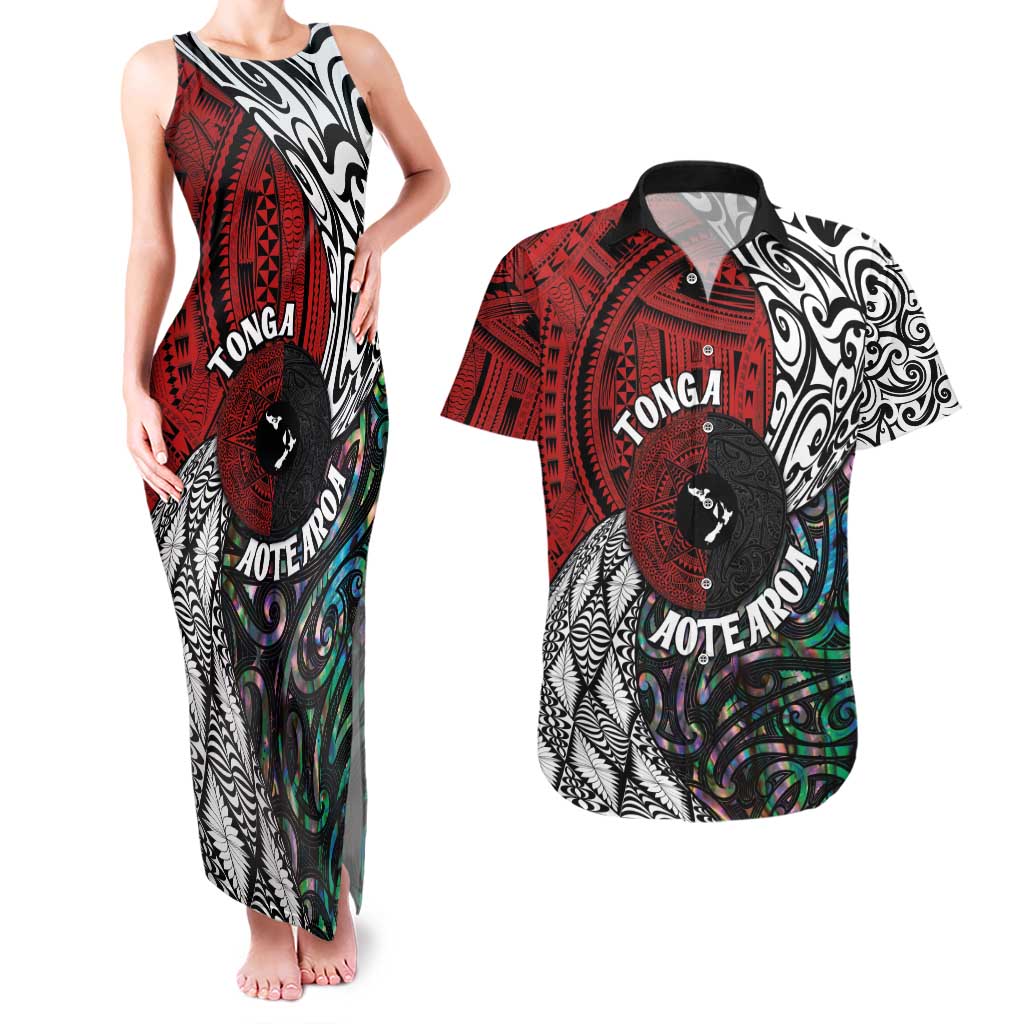 Tonga and New Zealand Together Couples Matching Tank Maxi Dress and Hawaiian Shirt Tongan Kupesi Ngatu Tattoo and Maori Paua Shell Pattern