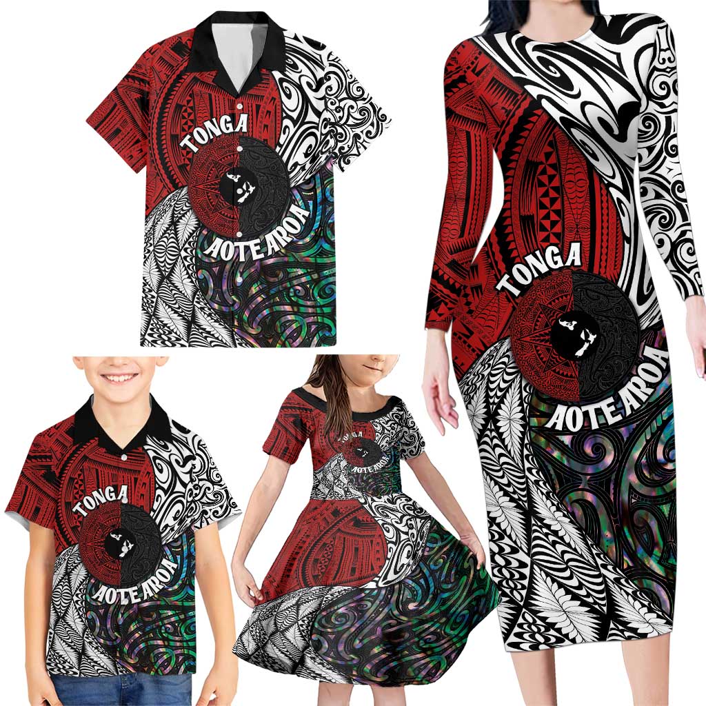 Tonga and New Zealand Together Family Matching Long Sleeve Bodycon Dress and Hawaiian Shirt Tongan Kupesi Ngatu Tattoo and Maori Paua Shell Pattern