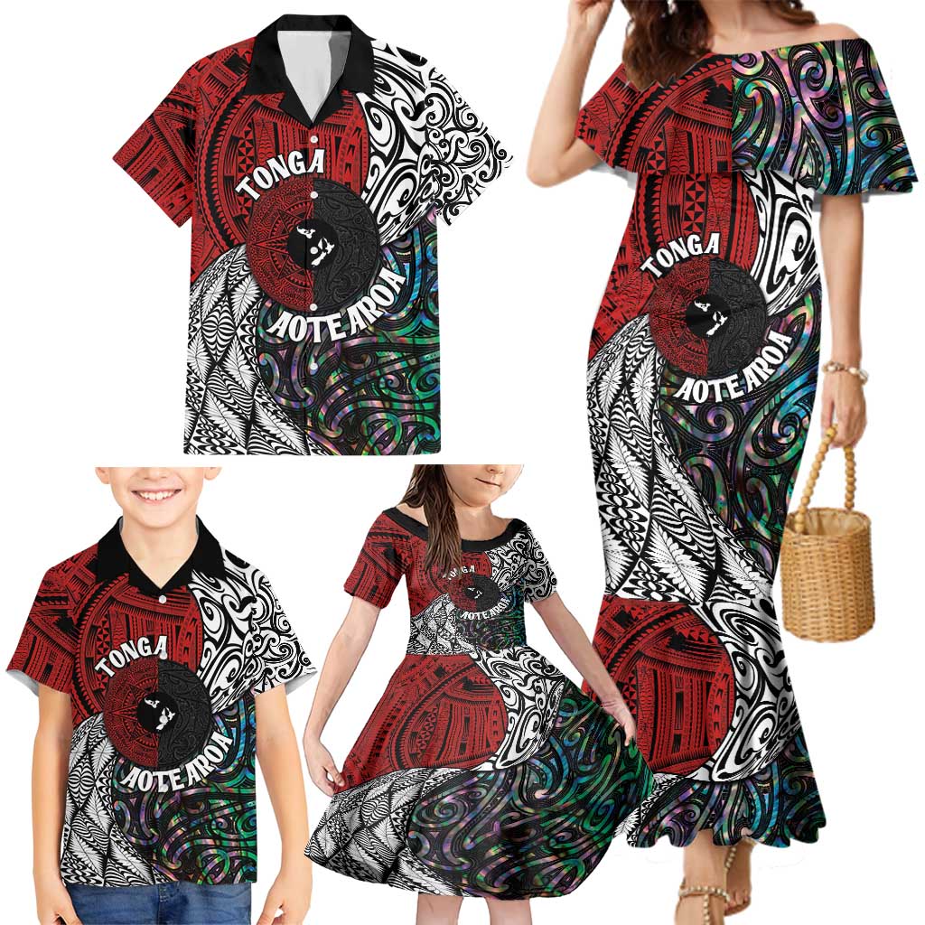 Tonga and New Zealand Together Family Matching Mermaid Dress and Hawaiian Shirt Tongan Kupesi Ngatu Tattoo and Maori Paua Shell Pattern