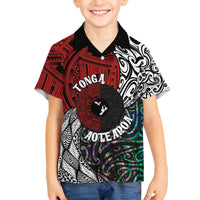 Tonga and New Zealand Together Family Matching Off The Shoulder Long Sleeve Dress and Hawaiian Shirt Tongan Kupesi Ngatu Tattoo and Maori Paua Shell Pattern