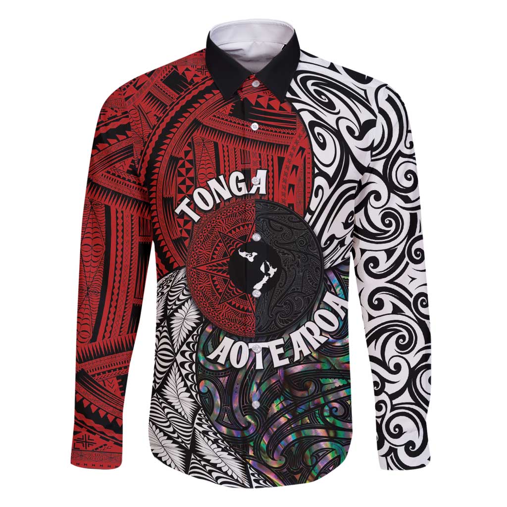 Tonga and New Zealand Together Family Matching Off Shoulder Maxi Dress and Hawaiian Shirt Tongan Kupesi Ngatu Tattoo and Maori Paua Shell Pattern