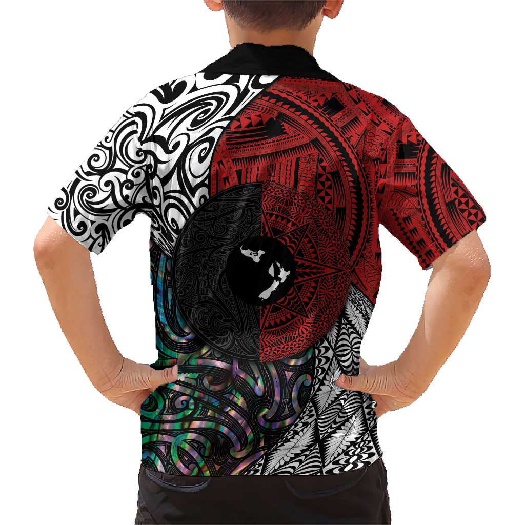Tonga and New Zealand Together Family Matching Short Sleeve Bodycon Dress and Hawaiian Shirt Tongan Kupesi Ngatu Tattoo and Maori Paua Shell Pattern