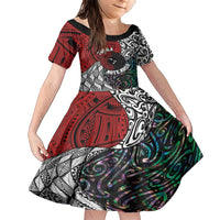 Tonga and New Zealand Together Family Matching Short Sleeve Bodycon Dress and Hawaiian Shirt Tongan Kupesi Ngatu Tattoo and Maori Paua Shell Pattern