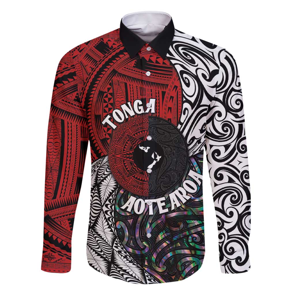 Tonga and New Zealand Together Family Matching Short Sleeve Bodycon Dress and Hawaiian Shirt Tongan Kupesi Ngatu Tattoo and Maori Paua Shell Pattern