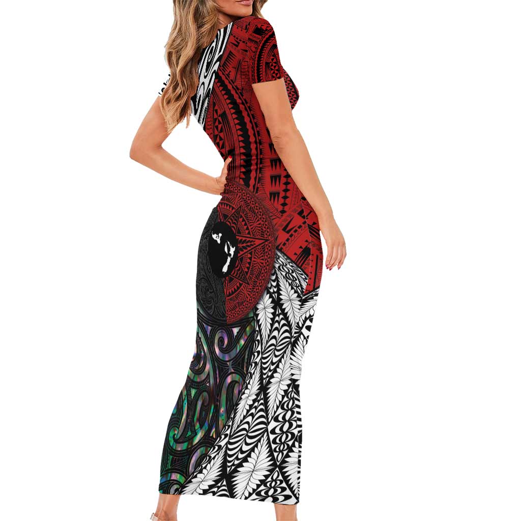 Tonga and New Zealand Together Family Matching Short Sleeve Bodycon Dress and Hawaiian Shirt Tongan Kupesi Ngatu Tattoo and Maori Paua Shell Pattern