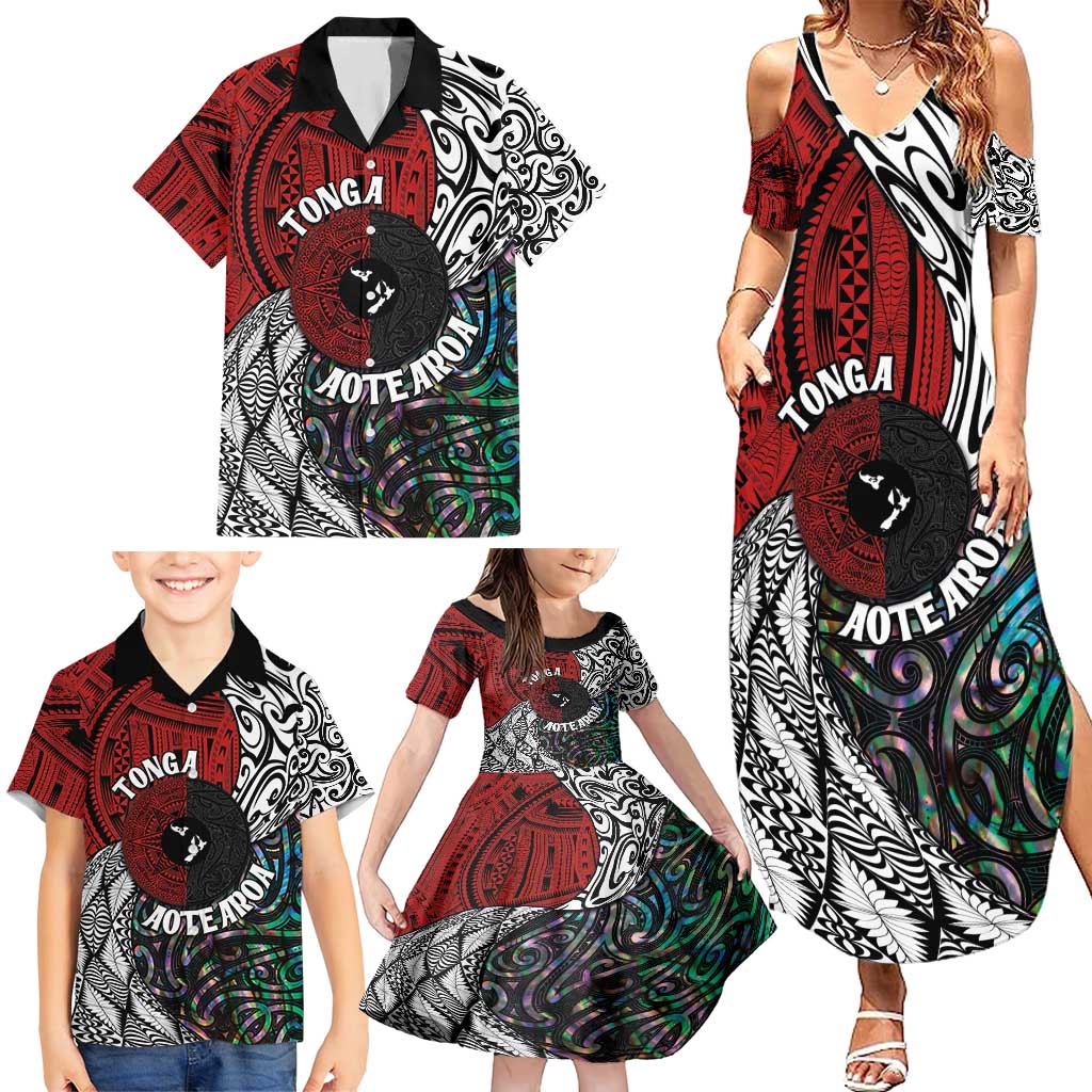 Tonga and New Zealand Together Family Matching Summer Maxi Dress and Hawaiian Shirt Tongan Kupesi Ngatu Tattoo and Maori Paua Shell Pattern LT03 - Polynesian Pride