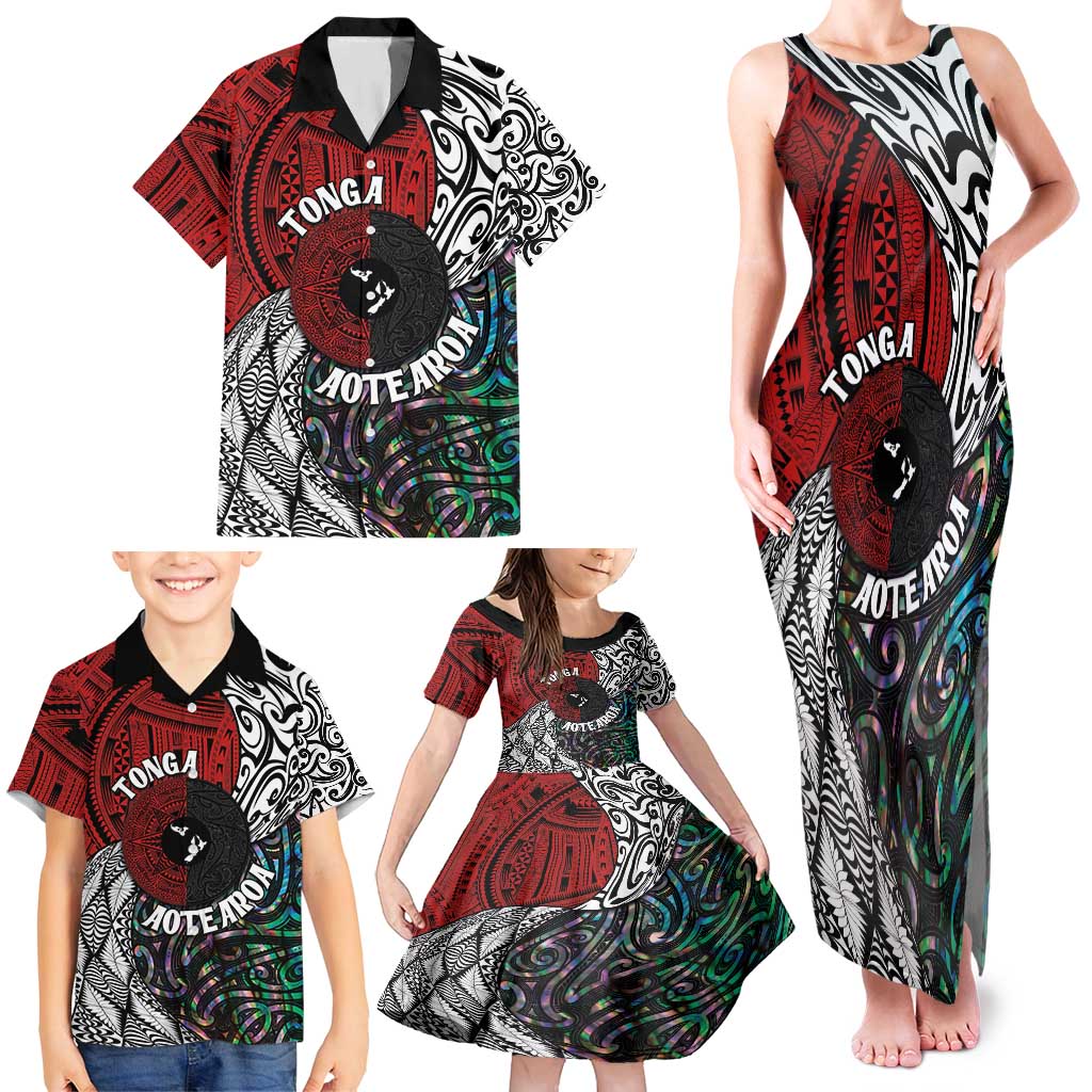Tonga and New Zealand Together Family Matching Tank Maxi Dress and Hawaiian Shirt Tongan Kupesi Ngatu Tattoo and Maori Paua Shell Pattern LT03 - Polynesian Pride