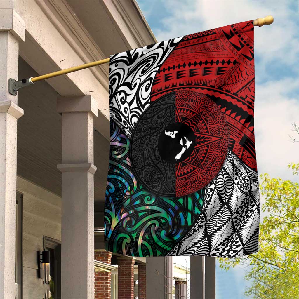 Tonga and New Zealand Together Garden Flag Tongan Kupesi Ngatu Tattoo and Maori Paua Shell Pattern LT03 House Flag Black - Polynesian Pride
