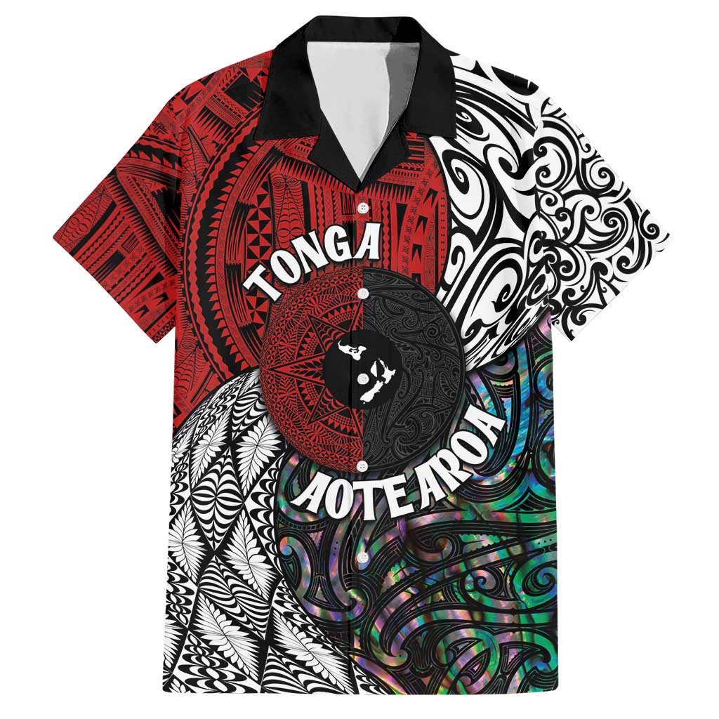 Tonga and New Zealand Together Hawaiian Shirt Tongan Kupesi Ngatu Tattoo and Maori Paua Shell Pattern LT03 Black - Polynesian Pride