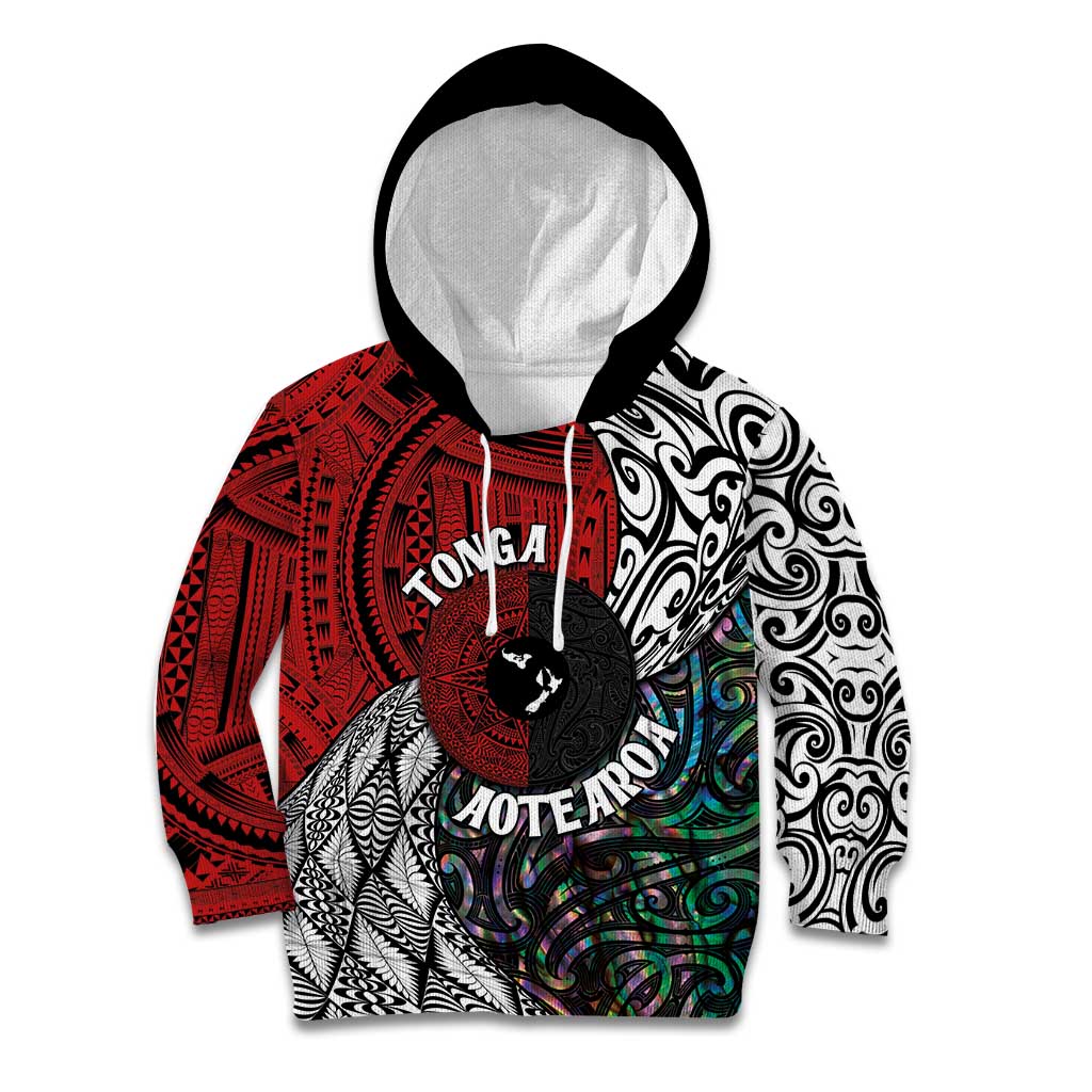 Tonga and New Zealand Together Kid Hoodie Tongan Kupesi Ngatu Tattoo and Maori Paua Shell Pattern