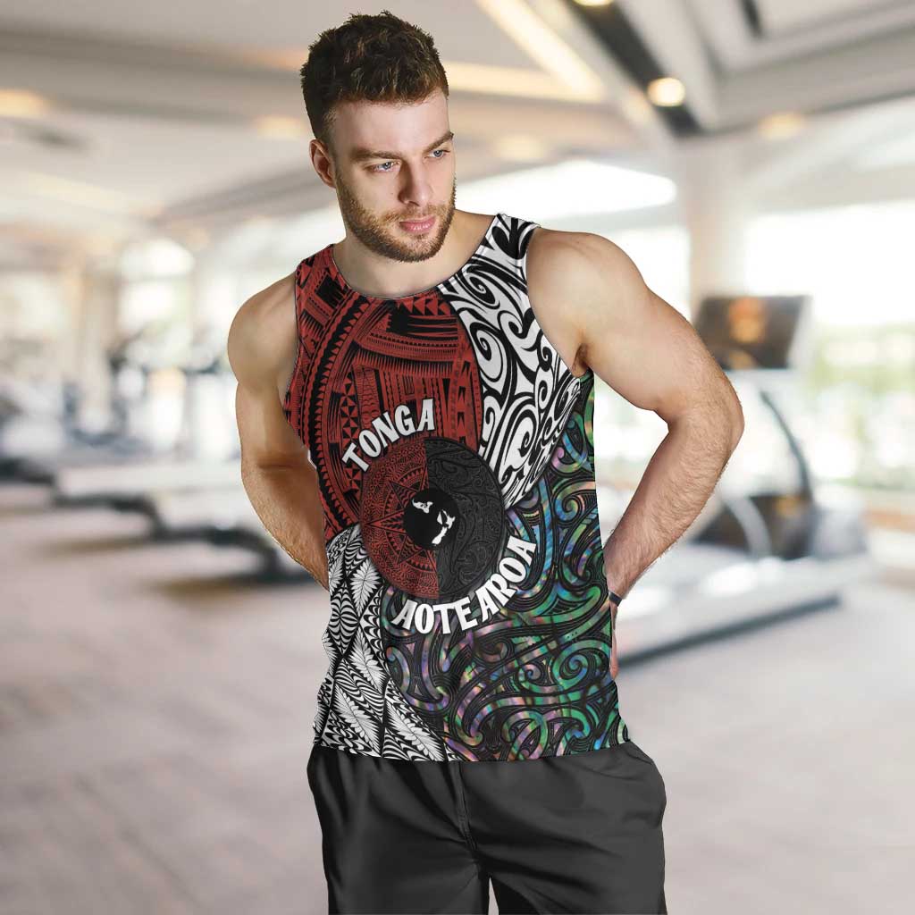 Tonga and New Zealand Together Men Tank Top Tongan Kupesi Ngatu Tattoo and Maori Paua Shell Pattern LT03 Black - Polynesian Pride
