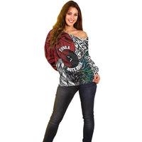 Tonga and New Zealand Together Off Shoulder Sweater Tongan Kupesi Ngatu Tattoo and Maori Paua Shell Pattern