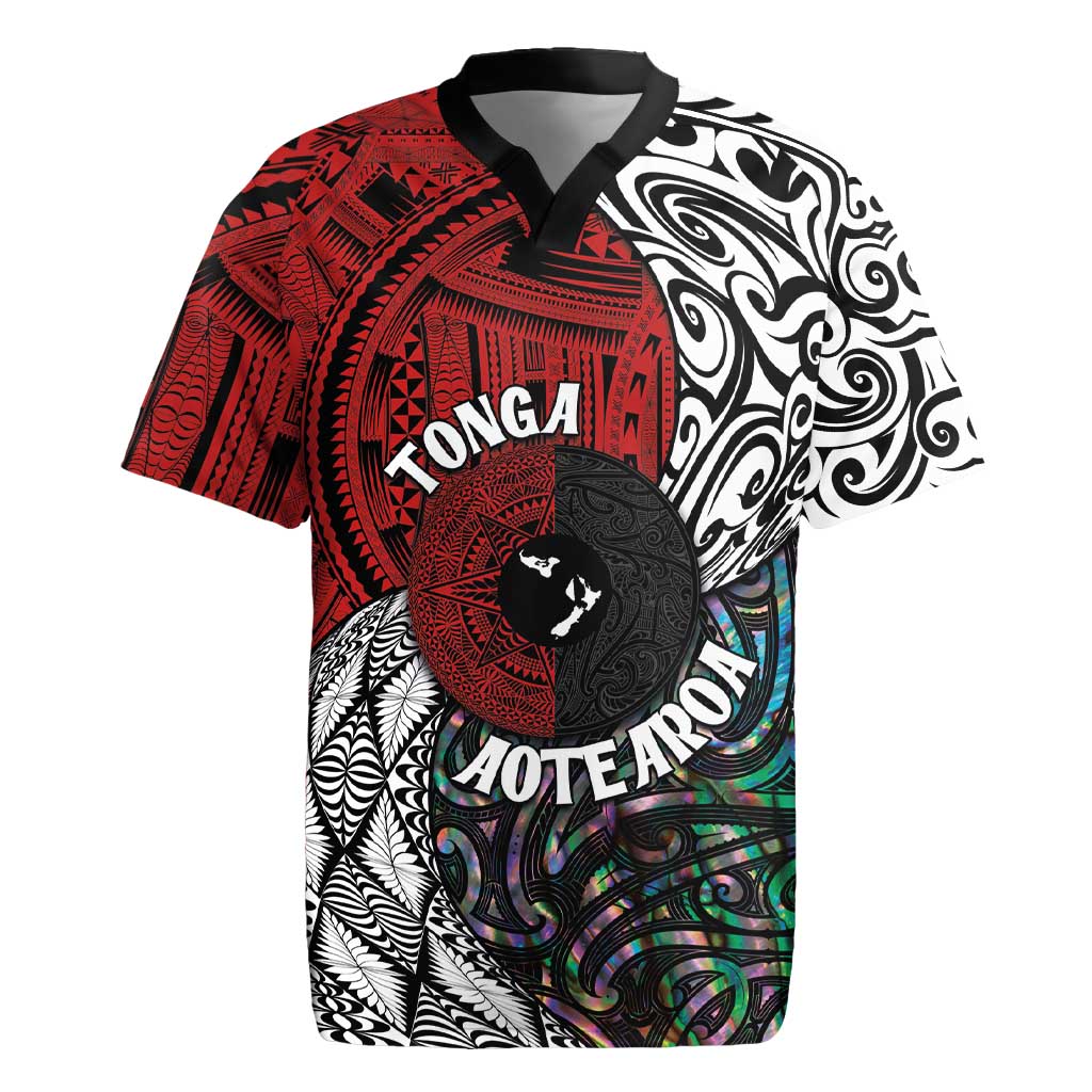 Tonga and New Zealand Together Rugby Jersey Tongan Kupesi Ngatu Tattoo and Maori Paua Shell Pattern