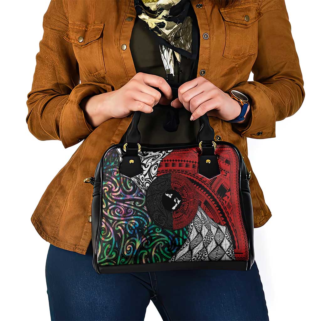 Tonga and New Zealand Together Shoulder Handbag Tongan Kupesi Ngatu Tattoo and Maori Paua Shell Pattern