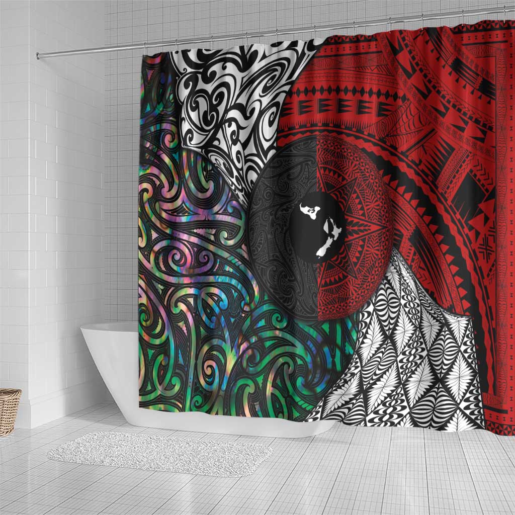 Tonga and New Zealand Together Shower Curtain Tongan Kupesi Ngatu Tattoo and Maori Paua Shell Pattern
