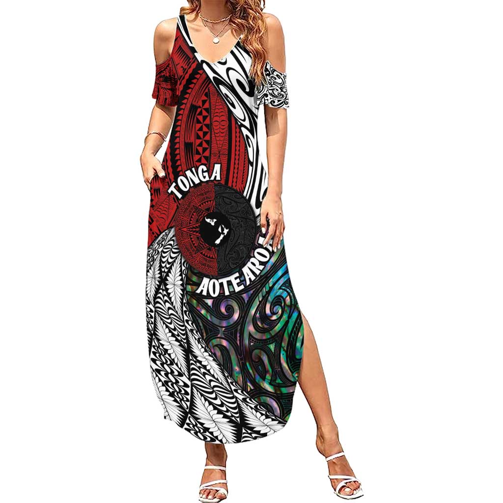 Tonga and New Zealand Together Summer Maxi Dress Tongan Kupesi Ngatu Tattoo and Maori Paua Shell Pattern LT03 Women Black - Polynesian Pride