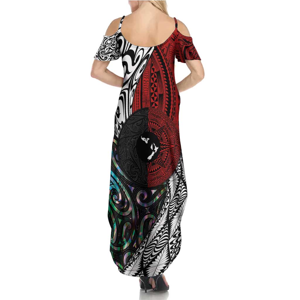 Tonga and New Zealand Together Summer Maxi Dress Tongan Kupesi Ngatu Tattoo and Maori Paua Shell Pattern LT03 - Polynesian Pride