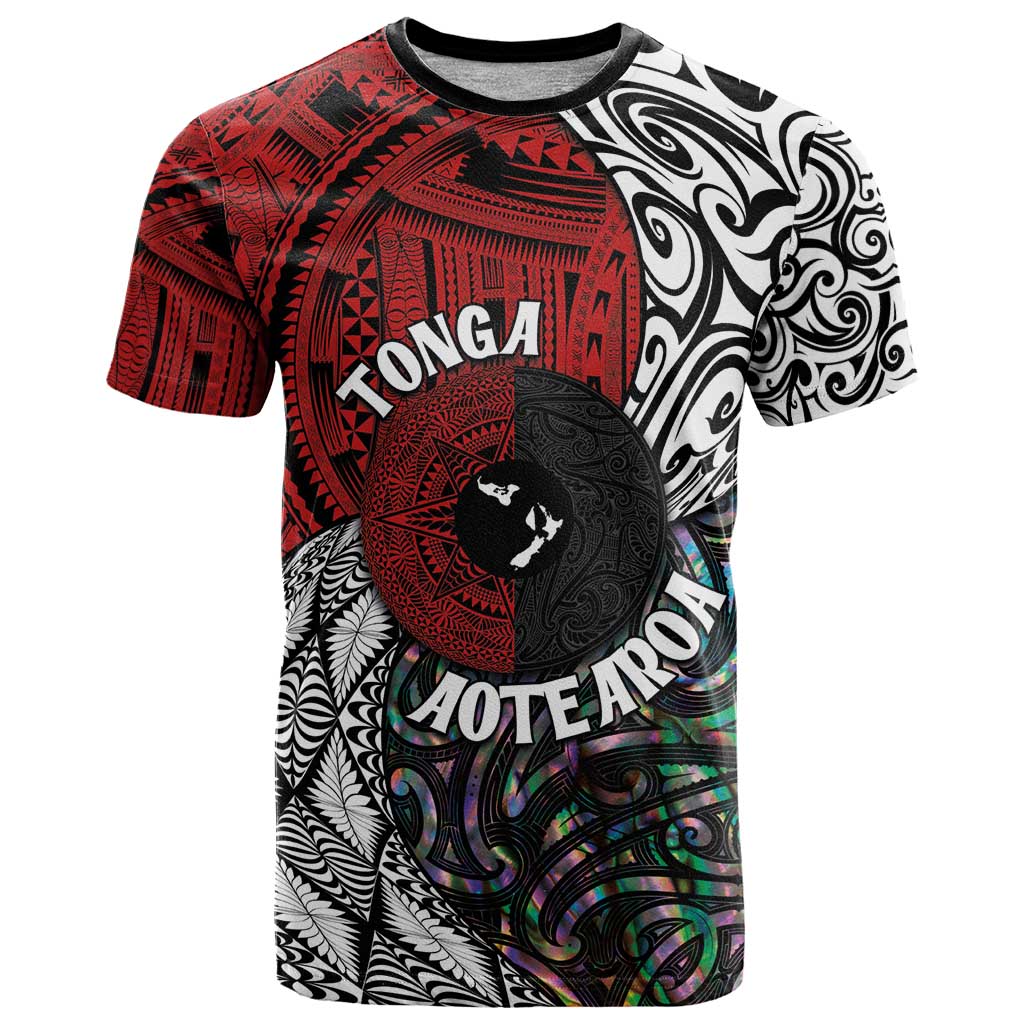 Tonga and New Zealand Together T Shirt Tongan Kupesi Ngatu Tattoo and Maori Paua Shell Pattern