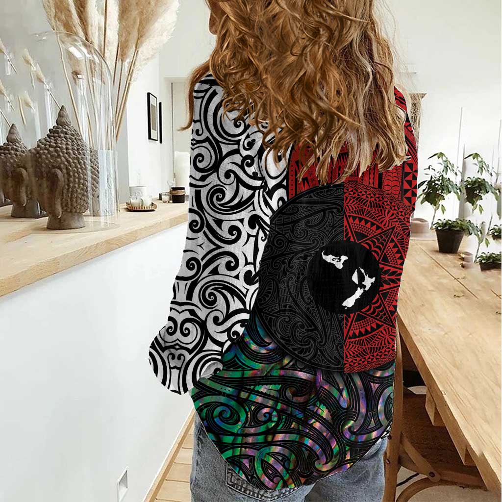 Tonga and New Zealand Together Women Casual Shirt Tongan Kupesi Ngatu Tattoo and Maori Paua Shell Pattern