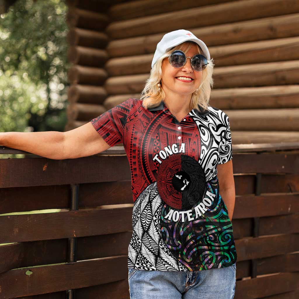 Tonga and New Zealand Together Women Polo Shirt Tongan Kupesi Ngatu Tattoo and Maori Paua Shell Pattern