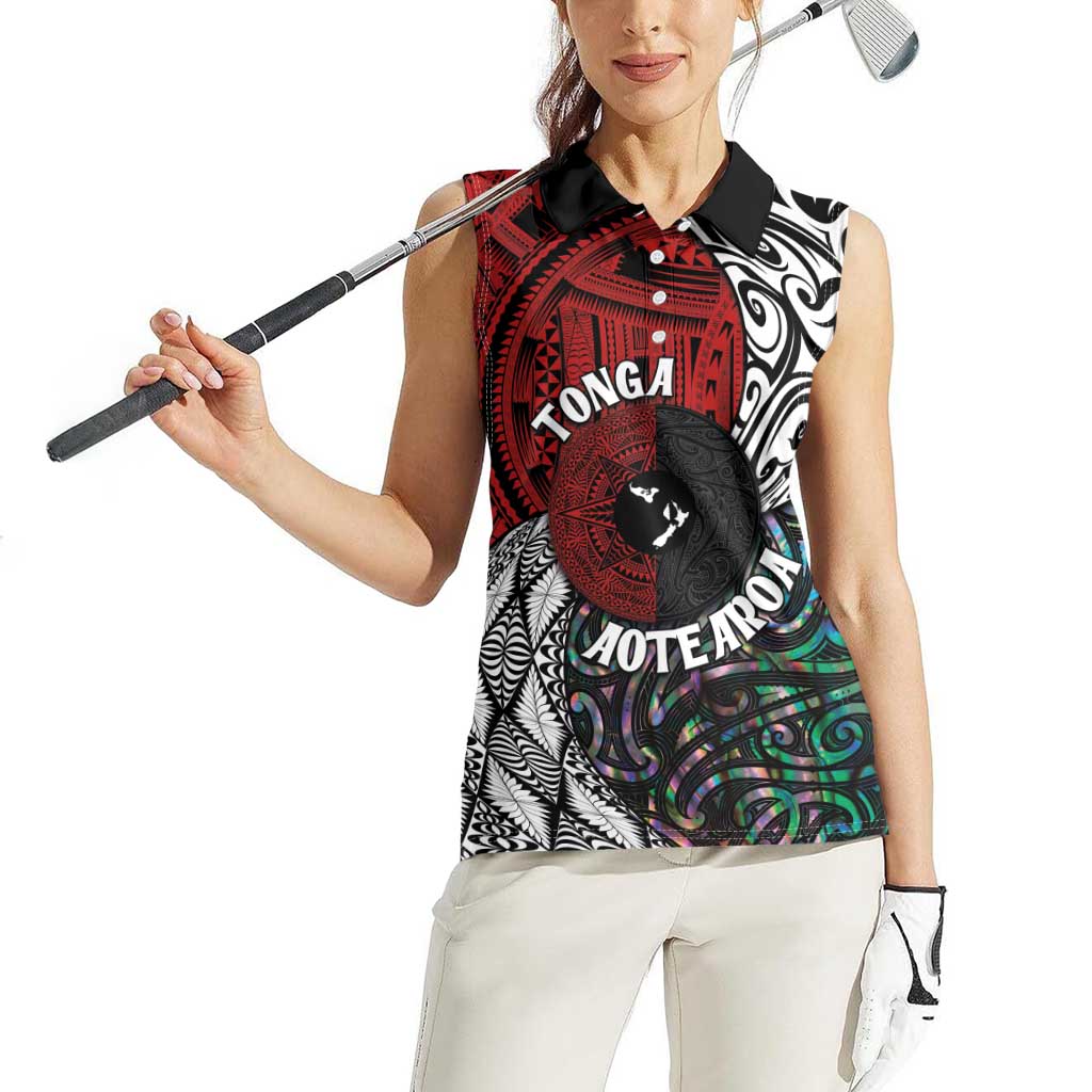 Tonga and New Zealand Together Women Sleeveless Polo Shirt Tongan Kupesi Ngatu Tattoo and Maori Paua Shell Pattern