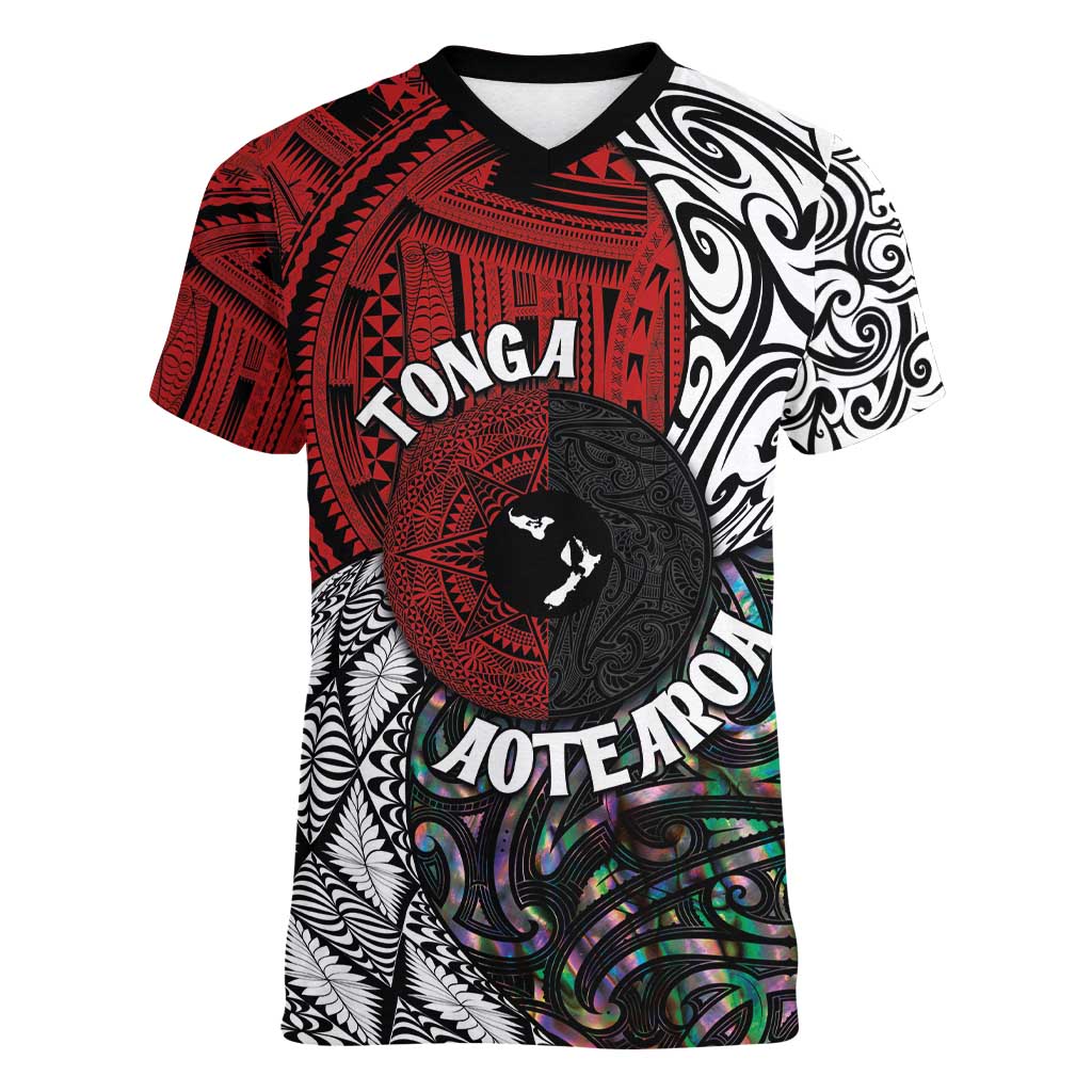 Tonga and New Zealand Together Women V-Neck T-Shirt Tongan Kupesi Ngatu Tattoo and Maori Paua Shell Pattern