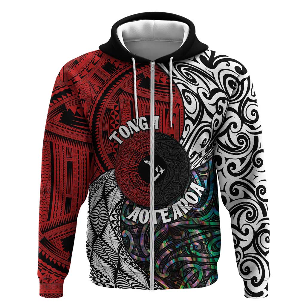 Tonga and New Zealand Together Zip Hoodie Tongan Kupesi Ngatu Tattoo and Maori Paua Shell Pattern