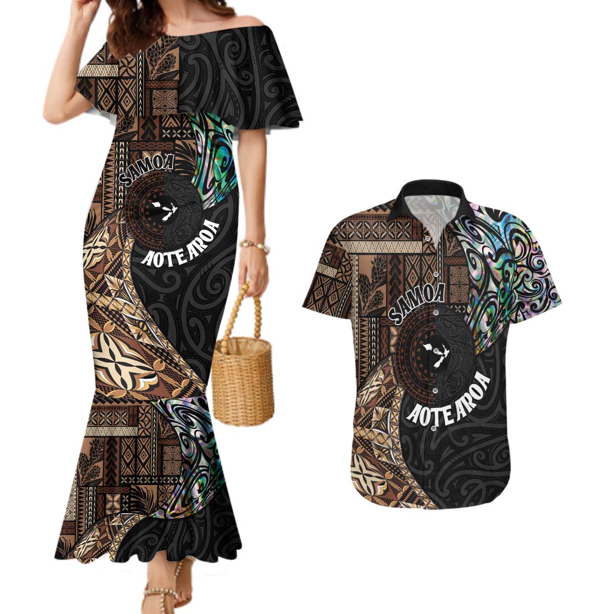 Samoa and New Zealand Together Couples Matching Mermaid Dress and Hawaiian Shirt Siapo Motif and Maori Paua Shell Pattern