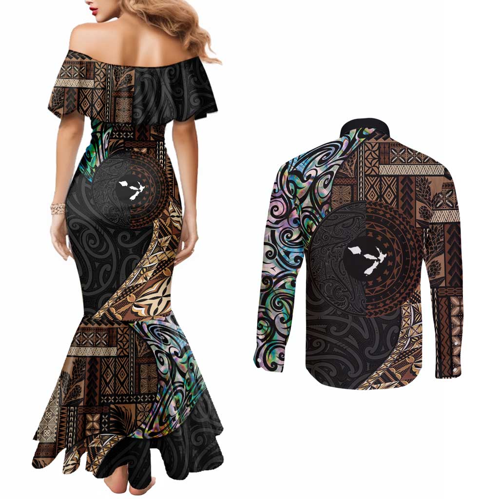 Samoa and New Zealand Together Couples Matching Mermaid Dress and Long Sleeve Button Shirt Siapo Motif and Maori Paua Shell Pattern