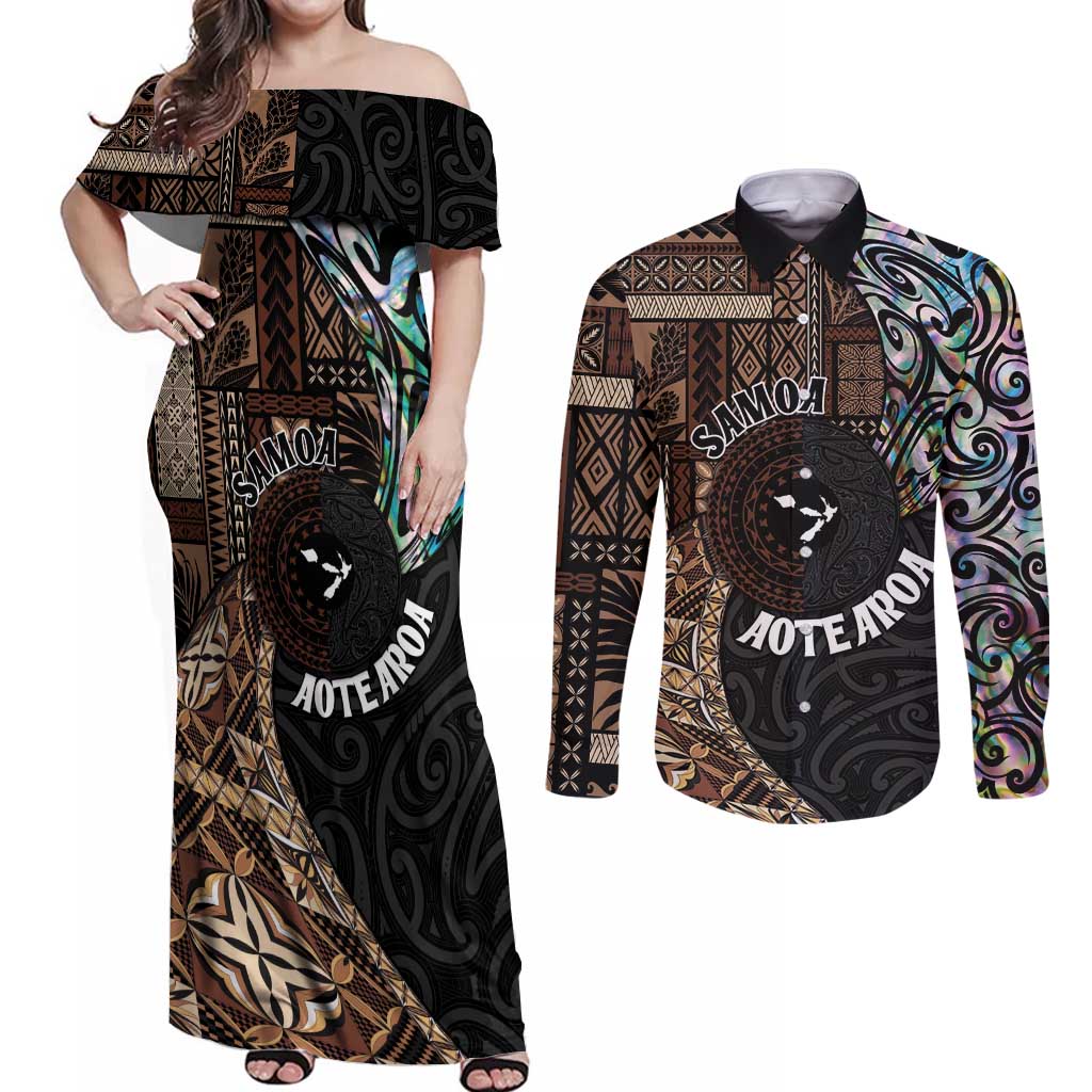 Samoa and New Zealand Together Couples Matching Off Shoulder Maxi Dress and Long Sleeve Button Shirt Siapo Motif and Maori Paua Shell Pattern