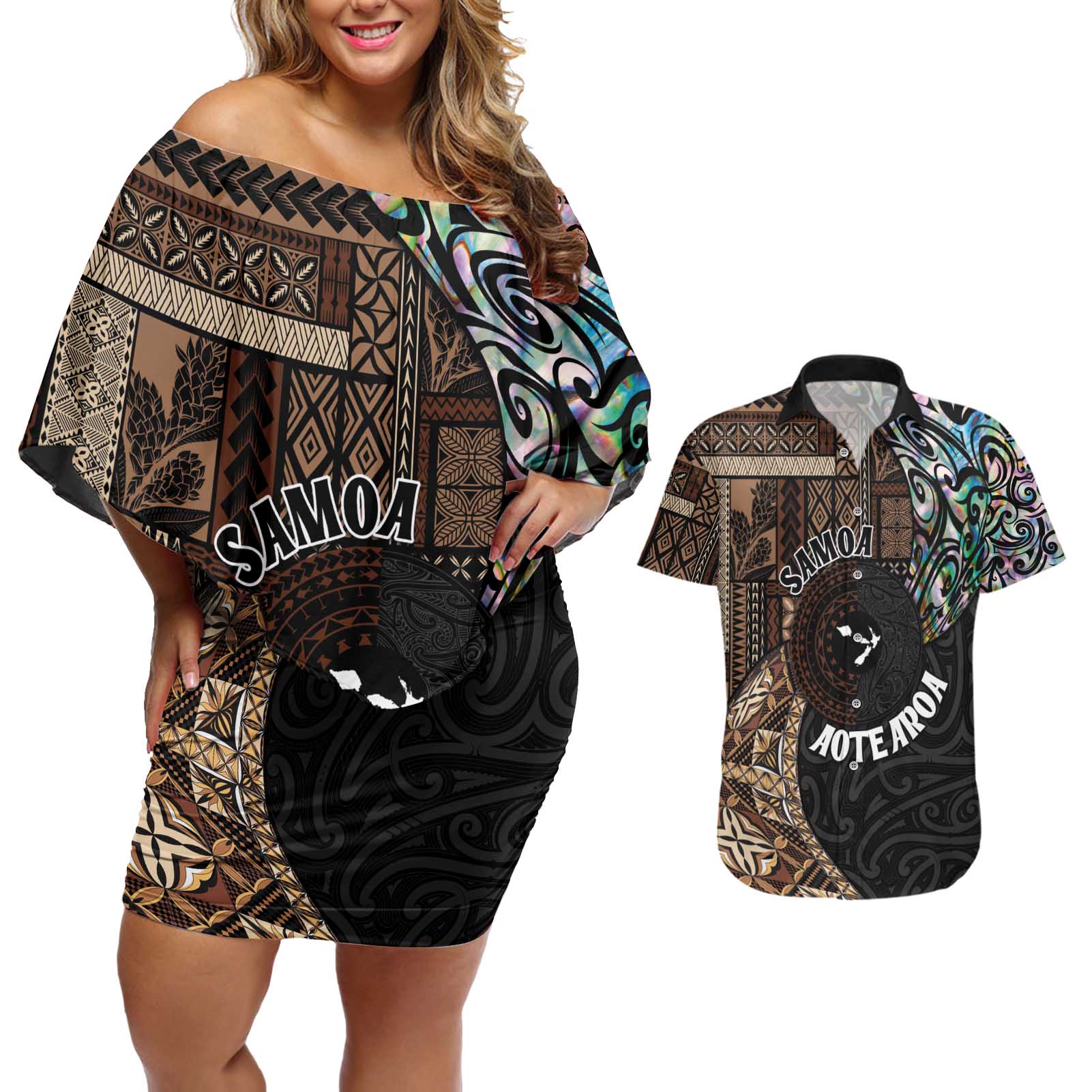 Samoa and New Zealand Together Couples Matching Off Shoulder Short Dress and Hawaiian Shirt Siapo Motif and Maori Paua Shell Pattern