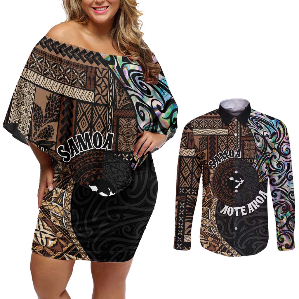 Samoa and New Zealand Together Couples Matching Off Shoulder Short Dress and Long Sleeve Button Shirt Siapo Motif and Maori Paua Shell Pattern