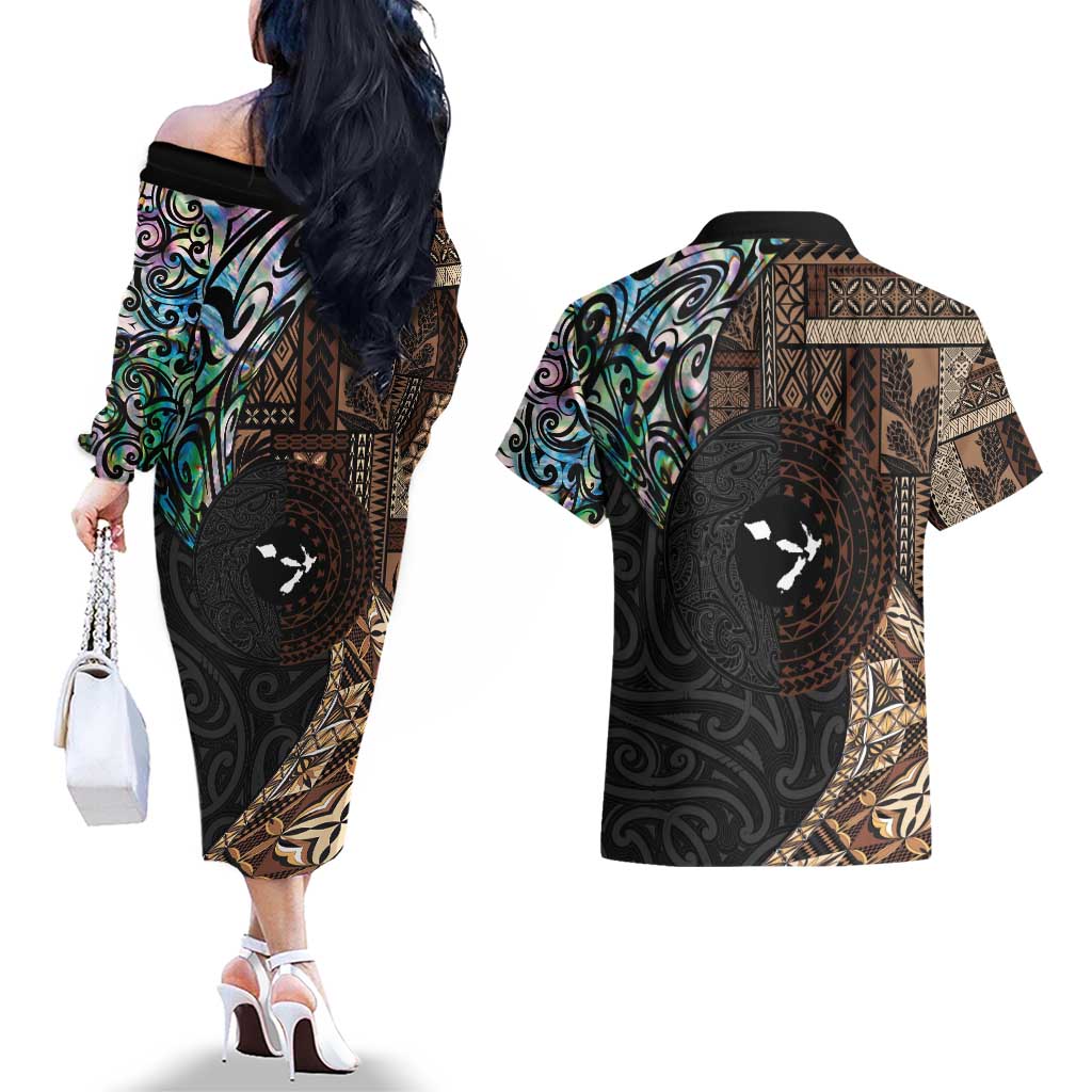 Samoa and New Zealand Together Couples Matching Off The Shoulder Long Sleeve Dress and Hawaiian Shirt Siapo Motif and Maori Paua Shell Pattern