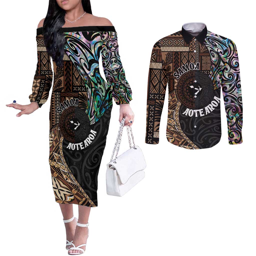 Samoa and New Zealand Together Couples Matching Off The Shoulder Long Sleeve Dress and Long Sleeve Button Shirt Siapo Motif and Maori Paua Shell Pattern