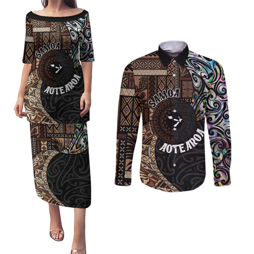 Samoa and New Zealand Together Couples Matching Puletasi and Long Sleeve Button Shirt Siapo Motif and Maori Paua Shell Pattern