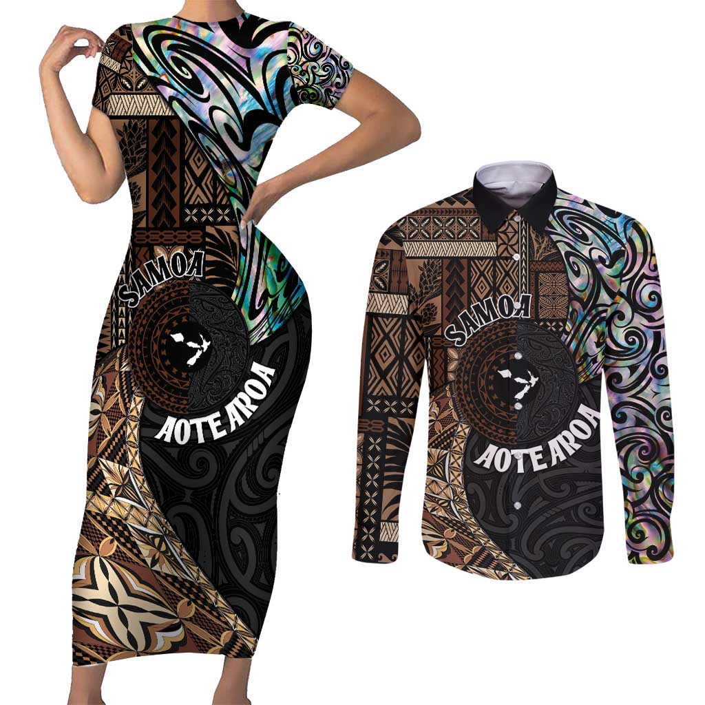 Samoa and New Zealand Together Couples Matching Short Sleeve Bodycon Dress and Long Sleeve Button Shirt Siapo Motif and Maori Paua Shell Pattern