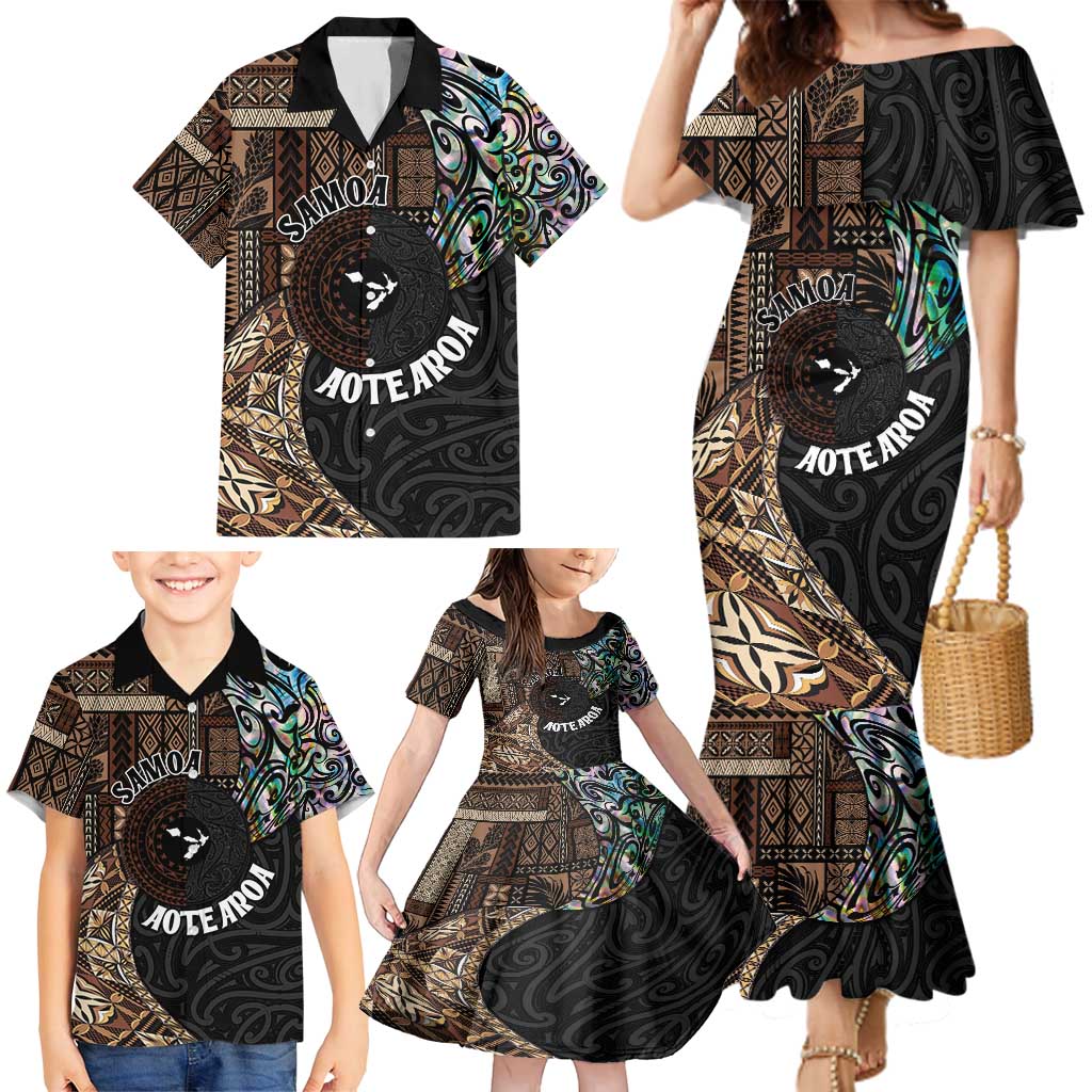 Samoa and New Zealand Together Family Matching Mermaid Dress and Hawaiian Shirt Siapo Motif and Maori Paua Shell Pattern