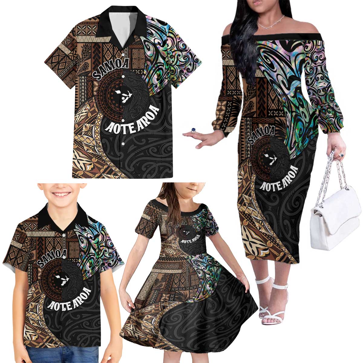 Samoa and New Zealand Together Family Matching Off The Shoulder Long Sleeve Dress and Hawaiian Shirt Siapo Motif and Maori Paua Shell Pattern