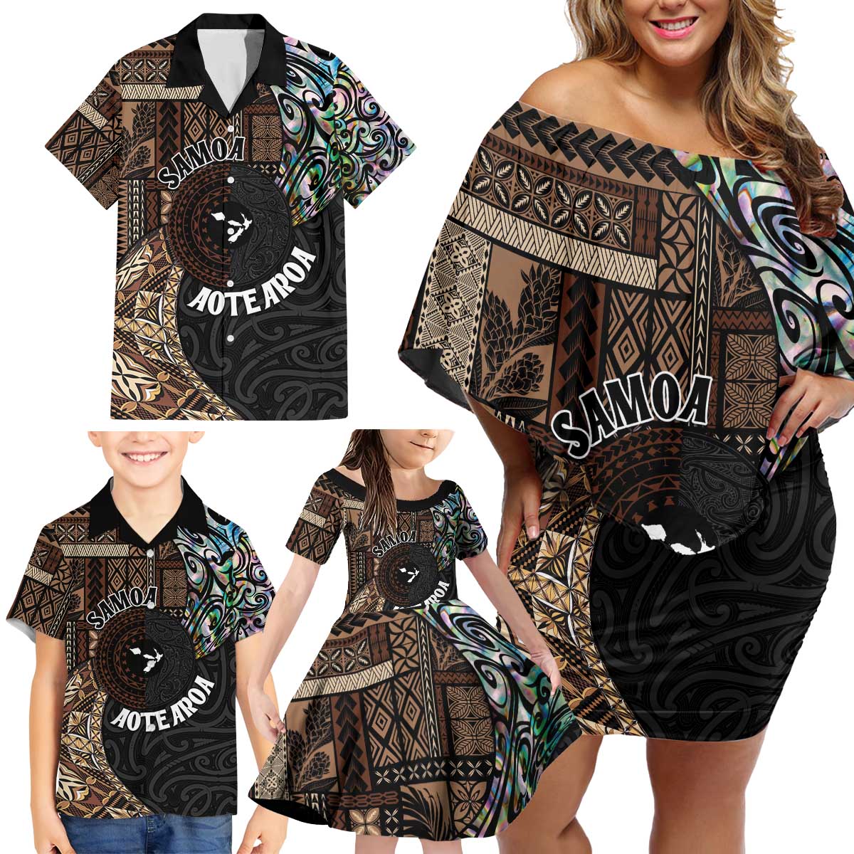 Samoa and New Zealand Together Family Matching Off Shoulder Short Dress and Hawaiian Shirt Siapo Motif and Maori Paua Shell Pattern