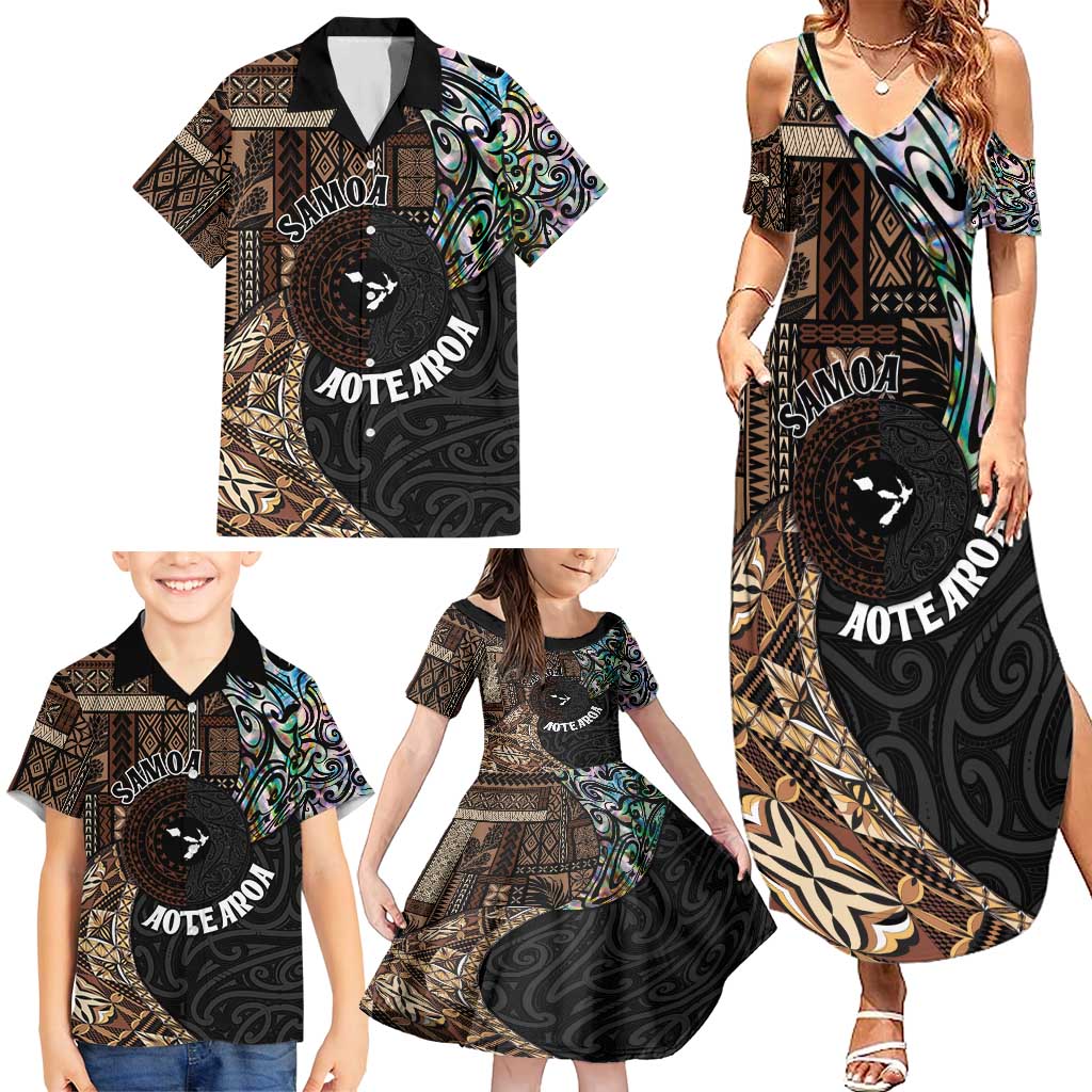 Samoa and New Zealand Together Family Matching Summer Maxi Dress and Hawaiian Shirt Siapo Motif and Maori Paua Shell Pattern