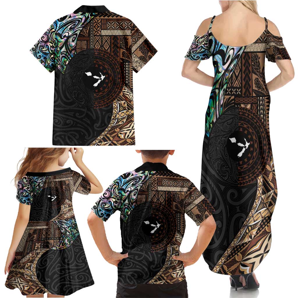 Samoa and New Zealand Together Family Matching Summer Maxi Dress and Hawaiian Shirt Siapo Motif and Maori Paua Shell Pattern
